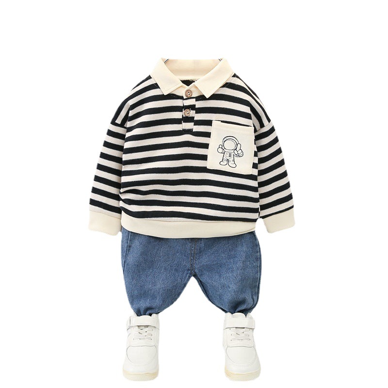 Children's Suit Boys and Girls Striped Astronaut Pocket Lapels Sweater Denim Trousers Spring and Autumn Women's Treasure Fashion Two-Piece Suit