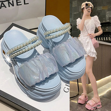 夏季韩版新款串珠高跟凉鞋女2024厚底坡跟甜美女拖小个子增高拖鞋