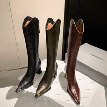 气质女王金属头V口后拉链高筒骑士靴2024冬季时髦里外全皮西部靴