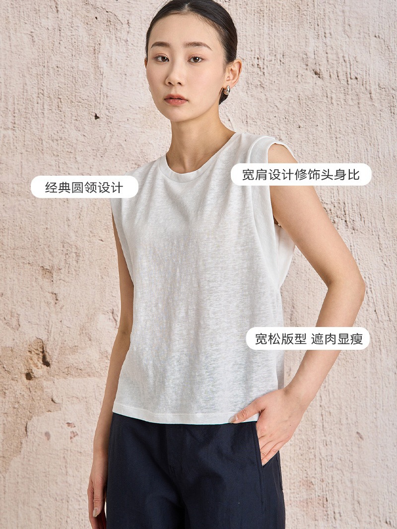 Simple Cotton Linen round-Neck Sleeveless Vest 2024 Summer Thin and All-Matching Flab Hiding Slimming Anti-Emptied Strappy T-shirt Women