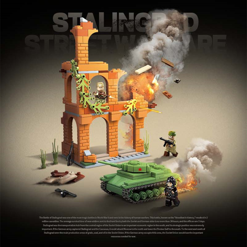 全冠积木100114苏联t34坦克废墟场景益智拼装军事玩具男孩子跨境