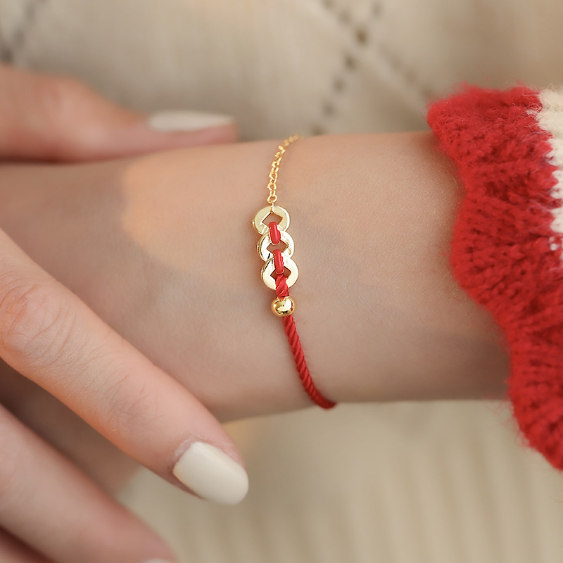 铜钱手链ins小众设计红色编织手绳拼接女生本命年手饰闺蜜-阿里巴巴