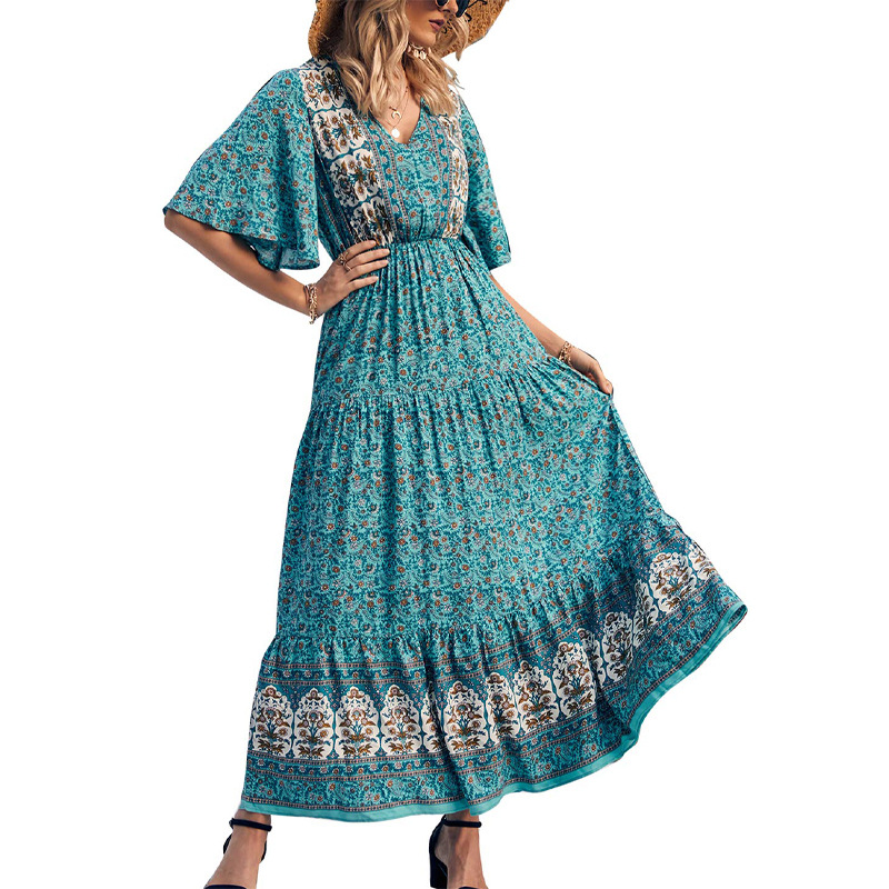 Wish2022 Summer New Amazon Hot Women's Bohemian Dress Beach Vacation Large Swing Dress