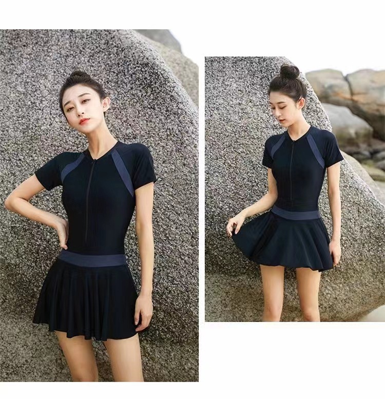 2023 New Korean Style Stitching One-Piece Swimsuit Women's Summer Outdoors Slim-Fit Slimming Gather Conservative Sexy Jumpsuit