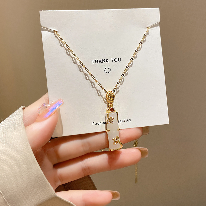 2023 New National Fashion Festival High Rise Bamboo Necklace Ins Fashion Light Luxury Minority Titanium Steel Chalcedony Clavicle Chain Neck Chain