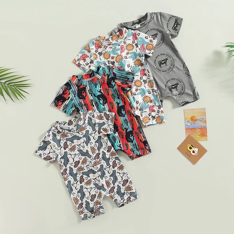 欧美风夏季婴幼儿宝宝仙人掌短袖连体衣卡通牛连身衣新生儿衣服