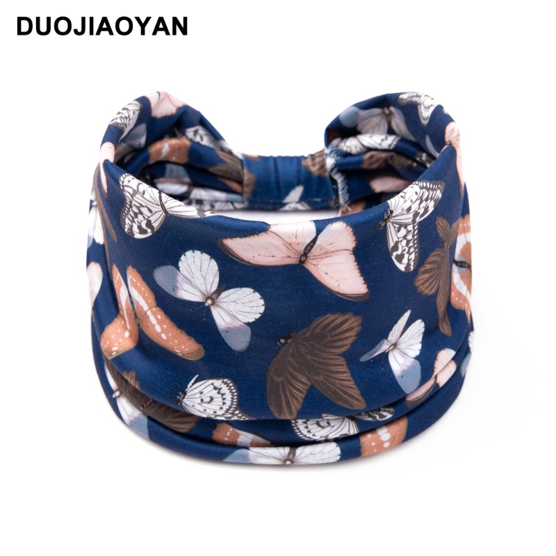 Amazon Hot New Sports Hair Band Elastic Wide-Brimmed Knotted Hair Band Butterfly Flower Print Headband Wholesale