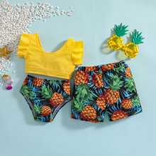 跨境外贸夏季新款儿童装男孩女孩泳衣黄色菠萝印花泳衣两件套装