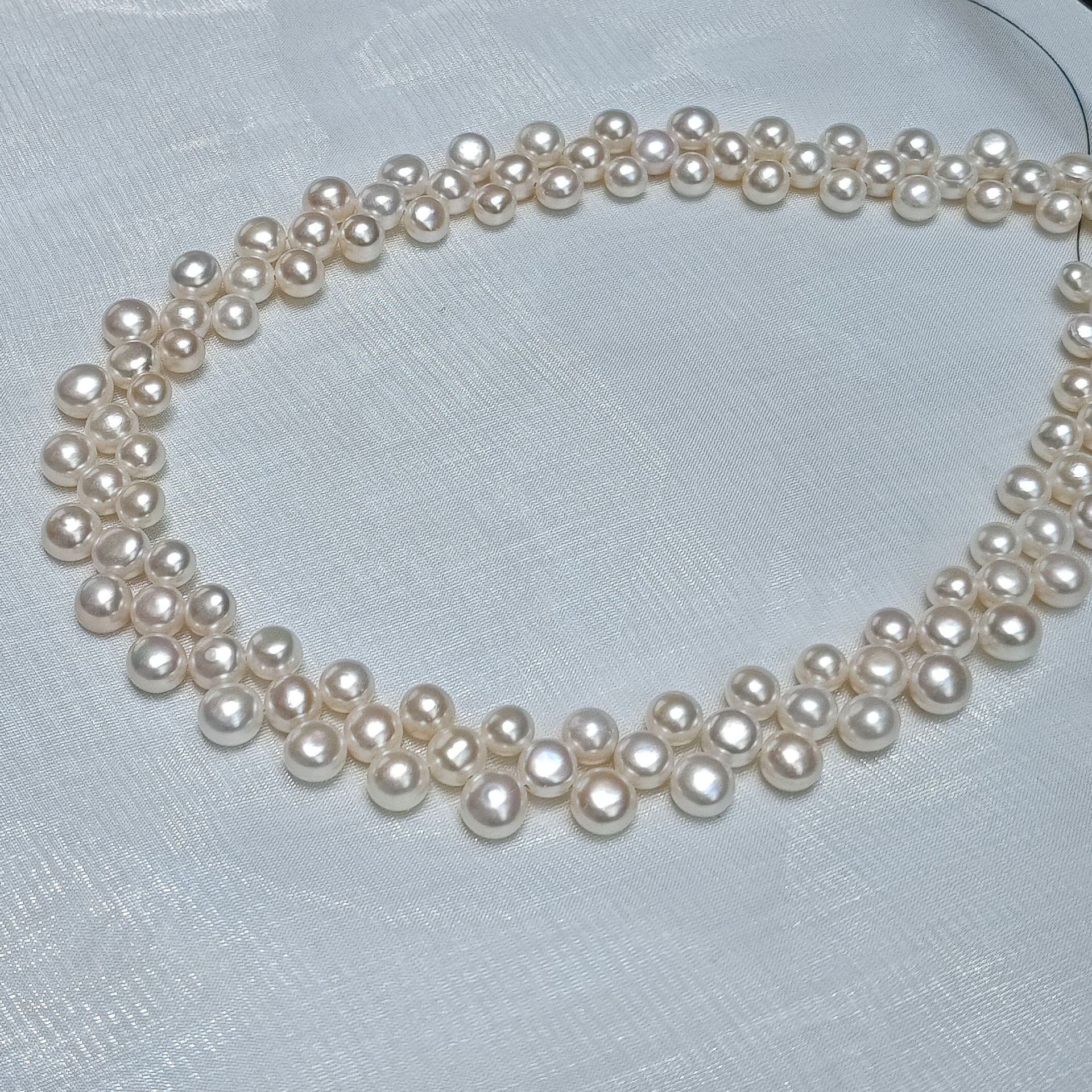 淡水无核珍珠 6-8mm三排扁珠项链馒头链法式复古手工编制明星同款