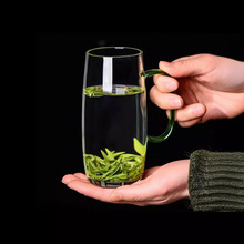 高硼硅玻璃绿茶杯大容量水杯泡花茶玻璃杯带把手家用玻璃杯
