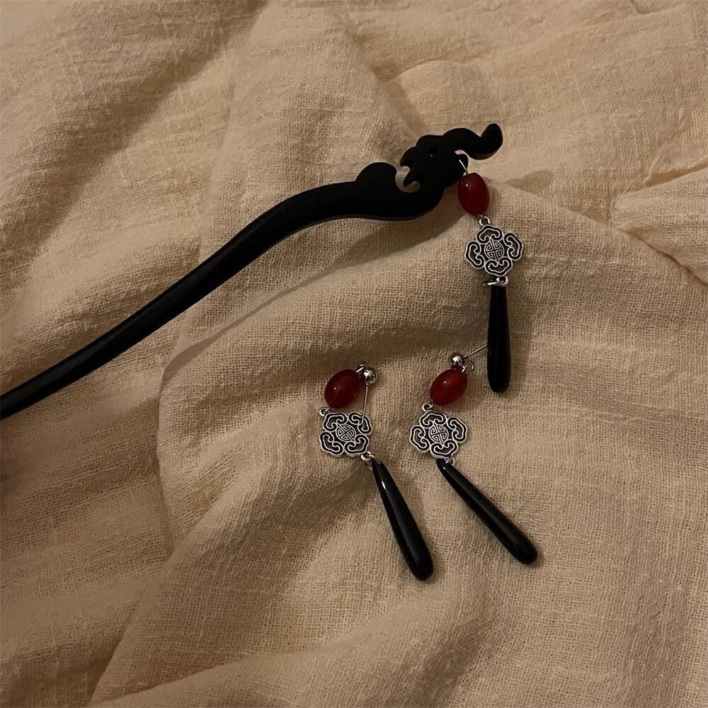 新中式古风红色水滴耳环发簪汉服旗袍配饰古典耳钉长款耳坠耳夹女