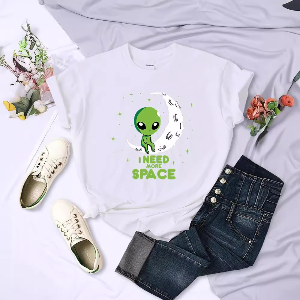 2024跨境夏季绿色外星人印花t恤女时尚潮流上衣休闲短袖速卖通