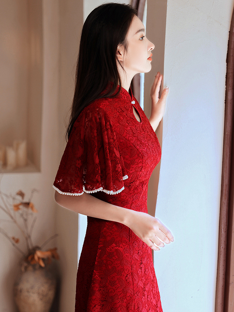 蕾丝旗袍敬酒服2022新款新娘结婚红色小个子水滴订婚答谢礼服裙女