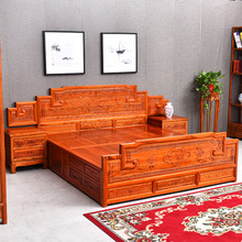 新中式实木1米8仿古双人大床婚床中式明清古典榆木富贵雕花大