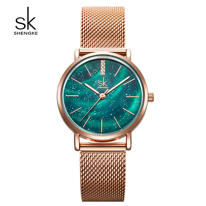 胜刻sk女士手表北极光绿蓝星空手表网带款玫瑰金色女表0103