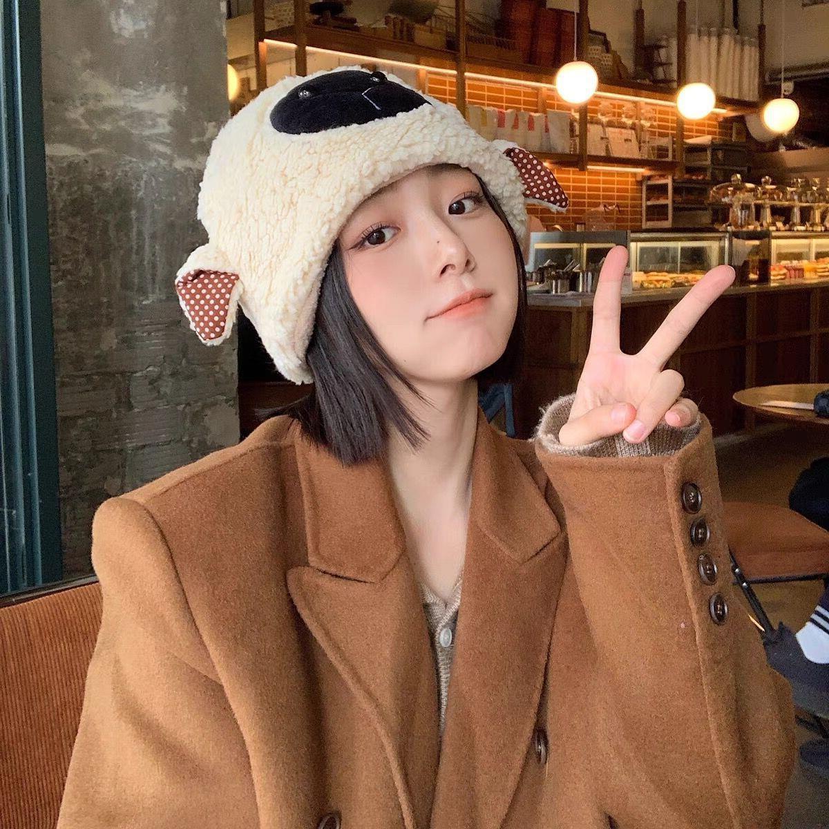 Winter Japanese Style Sweet and Cute Ears Little Sheep Hat Female Plush Thickened Warm Lamb Wool Sleeve Cap Tide