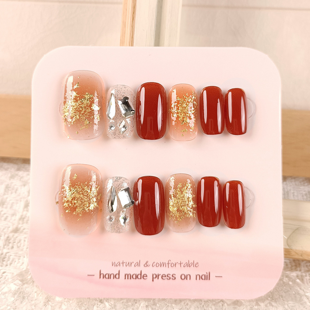 小红书爆款光疗手工穿戴甲 24片酒红镶钻美甲甲片 闪粉金箔指甲贴