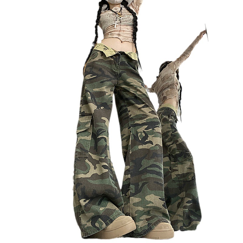 American Retro Jeans Women's Autumn Workwear Wide Leg Trousers Niche Mopping Loose Camouflage Straight Pants Ins