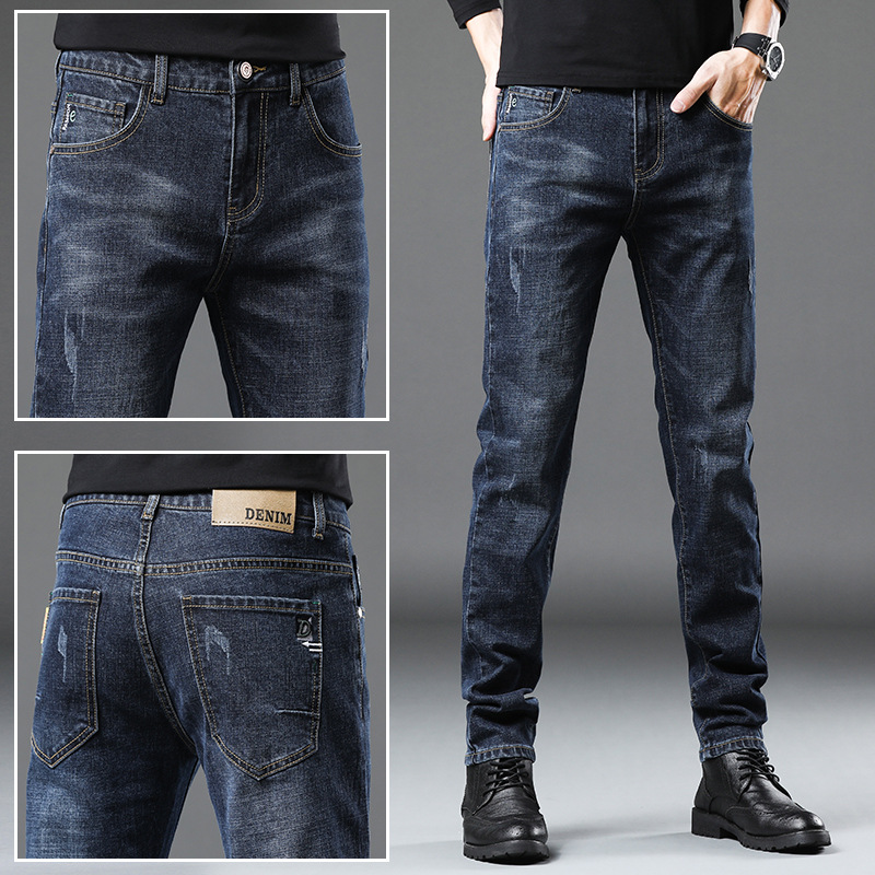 Jeans Men's Autumn and Winter New Slim Fit Tall Feet Fleece-Lined Men's Stretch Casual Men's Solid Color Trousers