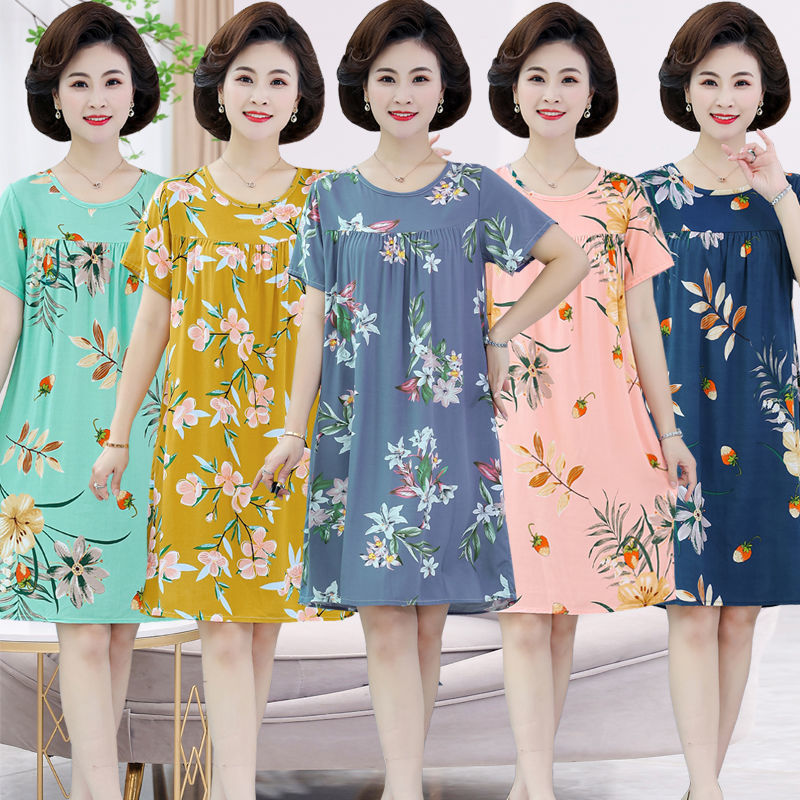 Nightdress Spring and Autumn Middle-Aged and Elderly Women's Cotton Silk Summer Pajamas Dress Mid-Length plus Size Homewear Mom Wear