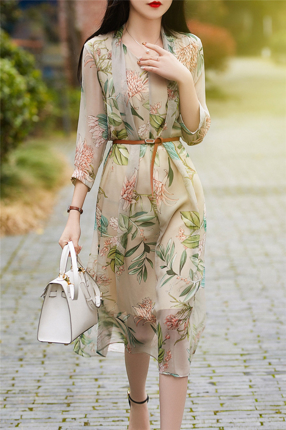 大气雅致印花雪纺连衣裙女装2022夏季新款气质淑女收腰中长裙