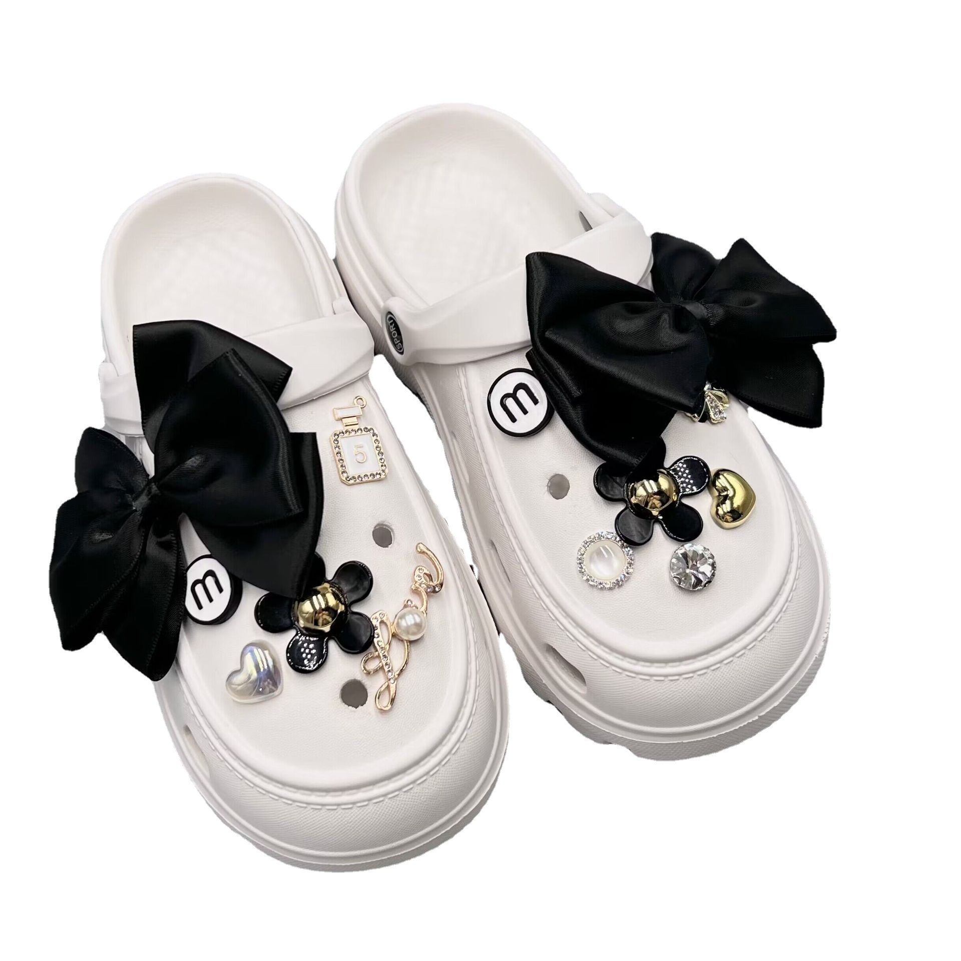 Xiaohongshu Same Style Shoe Ornament Cross Black Bow Flower Hole Shoes Accessories Shoe Buckle Women's Buckle Slippers DIY
