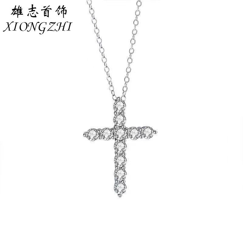 跨境925纯银十字架莫桑钻项链女镀pt950白金高级感日韩轻奢锁骨链