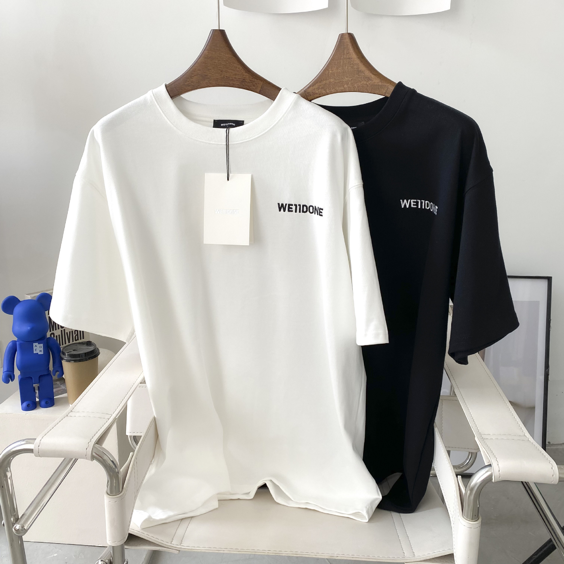 we11done夏季新款上衣圆领撞色皮标logo短袖宽松休闲果色情侣款t