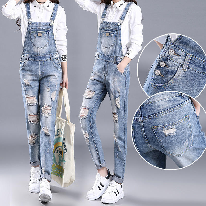 2020春新款破洞乞丐牛仔背带裤显瘦高腰长裤连体裤吊带女学生裤潮