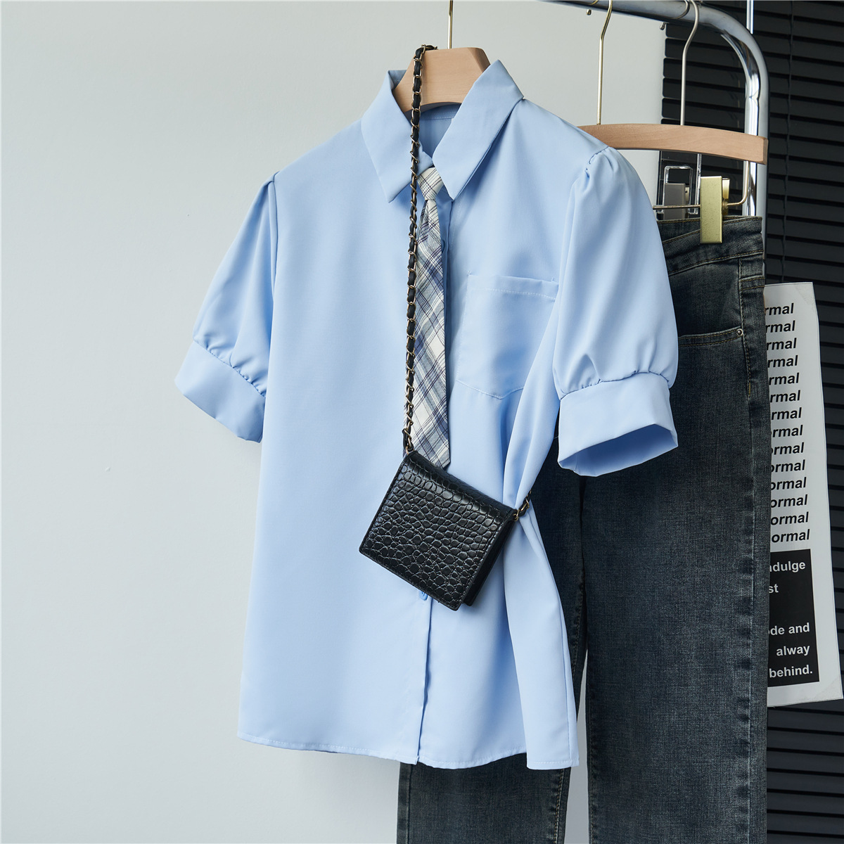 减龄学院日系女孩浅蓝色jk领带衬衫短袖衬衣潮女夏季时尚百搭跨境