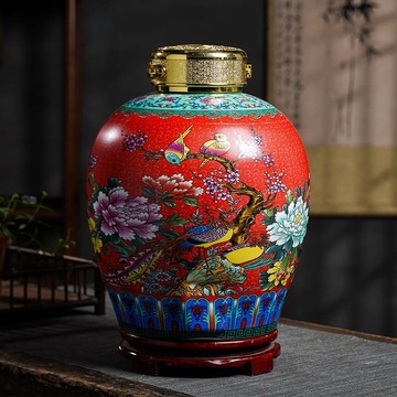 景德镇家用酒坛子百鸟朝凤泡酒缸酒罐酒瓶陶瓷密封10斤50斤存酒用