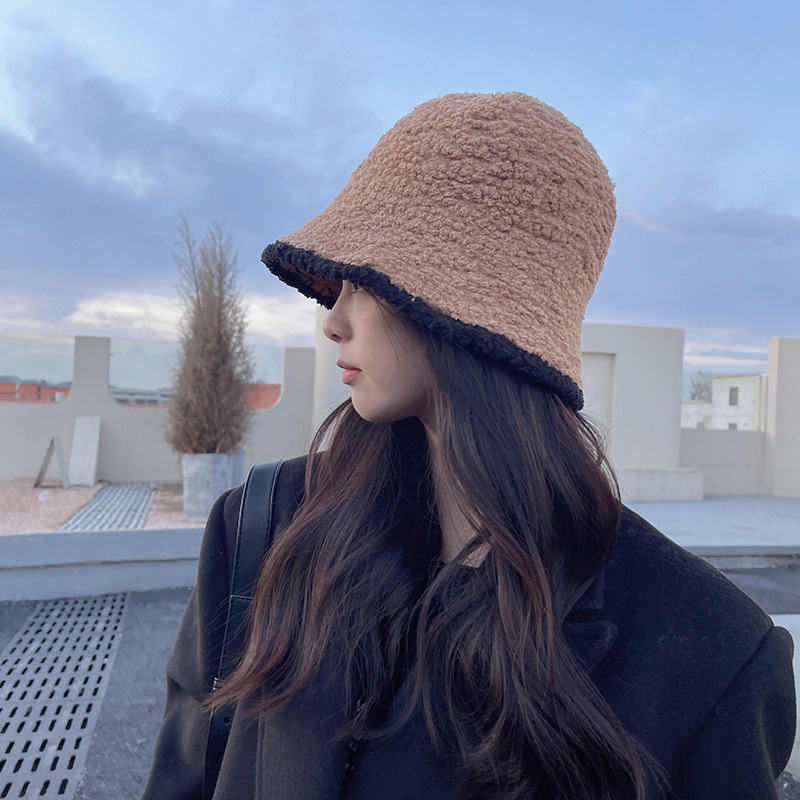 Autumn and Winter Korean Style Japanese Style Color Matching Bucket Hat All-Match Lambswool Knitted Fisherman Hat Plain Face Slimming Warm Bucket Hat