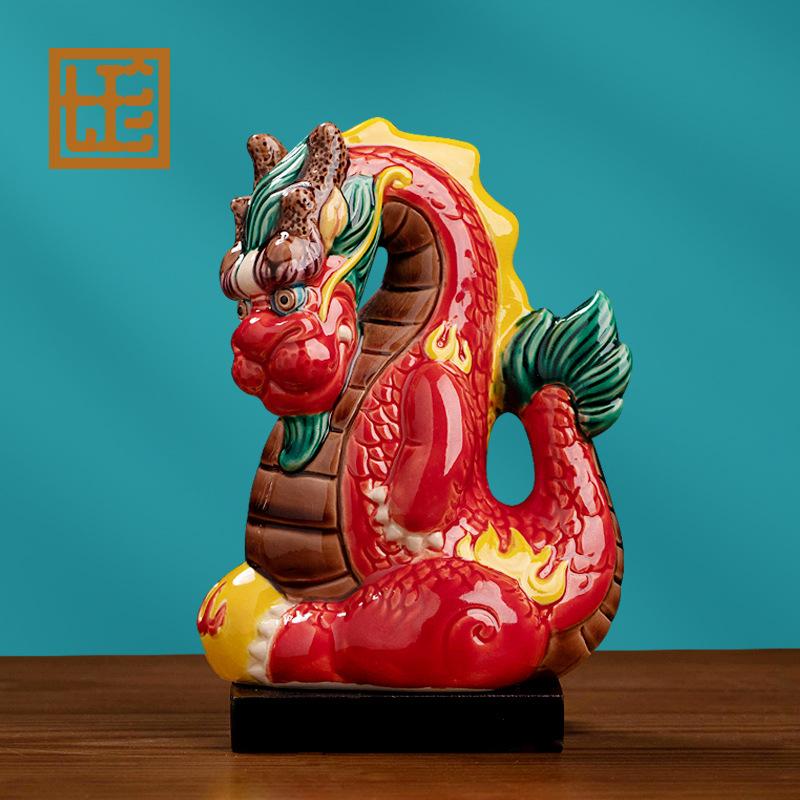 陶瓷龙摆件祥龙戏珠交趾陶 风新中式家居客厅酒柜装饰品