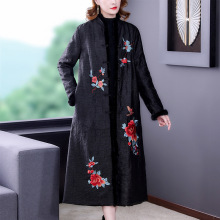 棉服女2025秋冬季新款时尚洋气立领黑色重工刺绣夹棉外套中长款潮