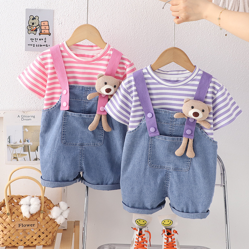 Little Barong Children's Clothing 2024 Summer Bear Strap Denim Shorts Suit Girls' Western Style Striped Short Sleeve Two-Piece Suit