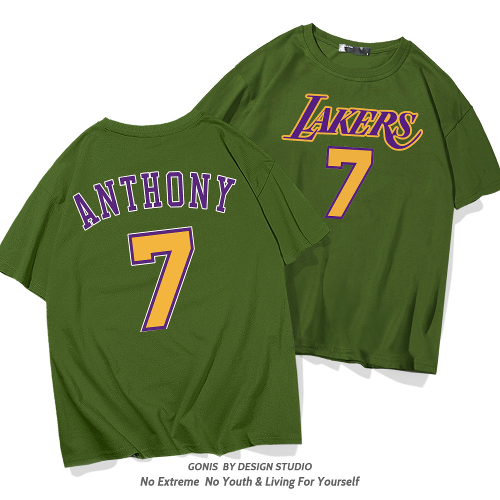2021安东尼转湖人队短袖t恤男夏nba休闲宽松运动纯棉训练服球衣