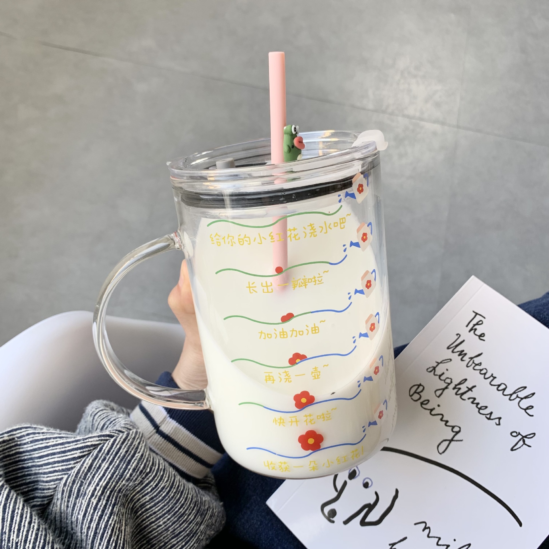 Large Capacity Glass Cup with Straw 1000ml Drinking Cup Children's Cute Office with Lid Dustproof Cup