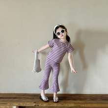 女童短袖套装夏季2024新款韩版洋气儿童条纹半袖上衣喇叭裤两件套