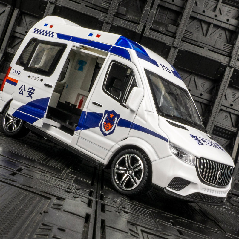 建元2409a仿真奔弛警车合金汽车模型警灯警笛回力儿童大号玩具车