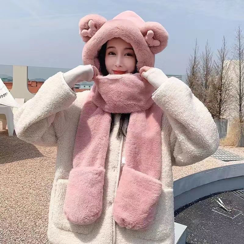 Hat Scarf Three-Piece Women's Winter Thickening Plush One-Piece Korean Style Trendy Autumn and Winter New Scarf One-Piece Warm Hat