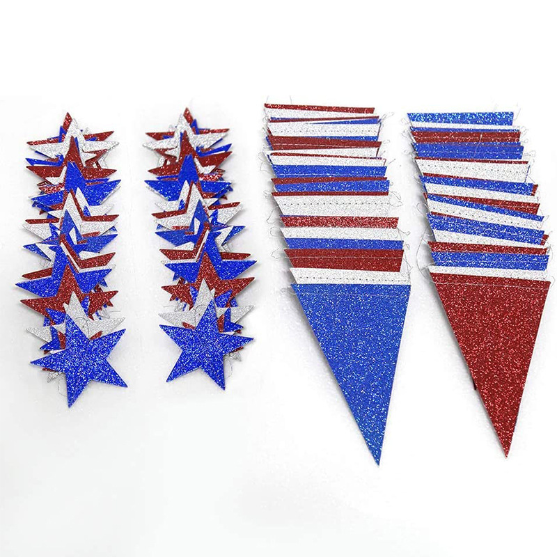 Factory Direct Supply for Independence Day Hanging Flag US National Day Latte Art Blue Silver Pennant Five-Pointed Star Latte Art Party Props