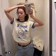 韩国小众 24新款 百搭拼色领冰激凌卡通小猫印花T恤