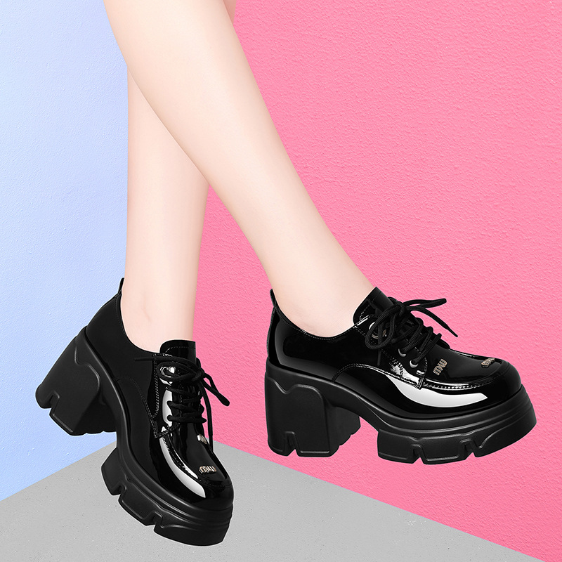 金丝兔小个子粗跟亮皮小皮鞋女2024春季乐福鞋网红系带休闲鞋1805