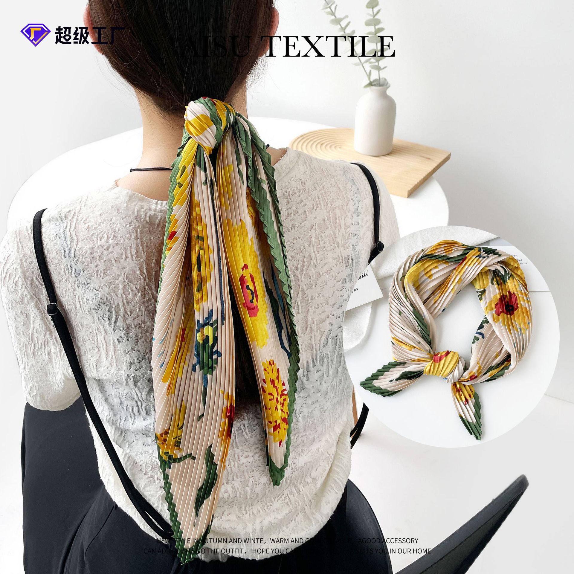 new crepe hair accessories high-grade silk scarf women‘s cross-border affordable luxury style chiffon small hair band sunflower printed scarf