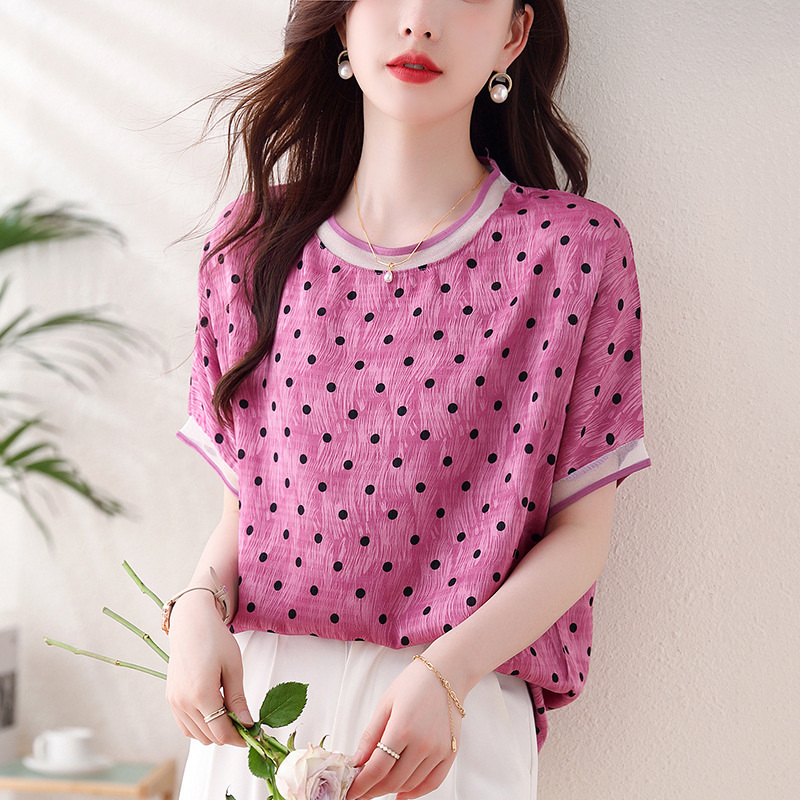 2024夏季新款粉色佳人波点缎面短袖t恤上衣女-阿里巴巴