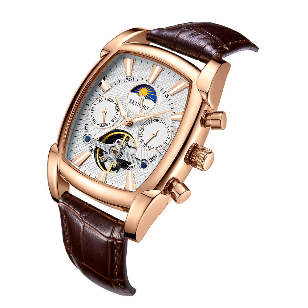 赛娜斯senors新款酒桶型全自动机械表夜光三眼6针皮带男表sn209