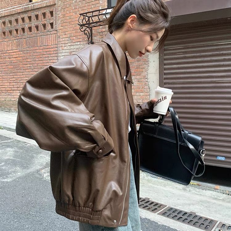 时尚2024秋季御姐风私服名媛合成革西装领修身型女式皮衣