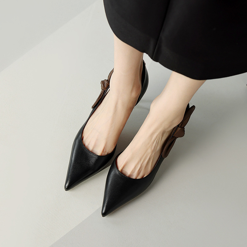 性感小姐姐女鞋夏季新款鞋子尖头细跟高跟鞋侧空蝴蝶结正装凉单鞋-阿