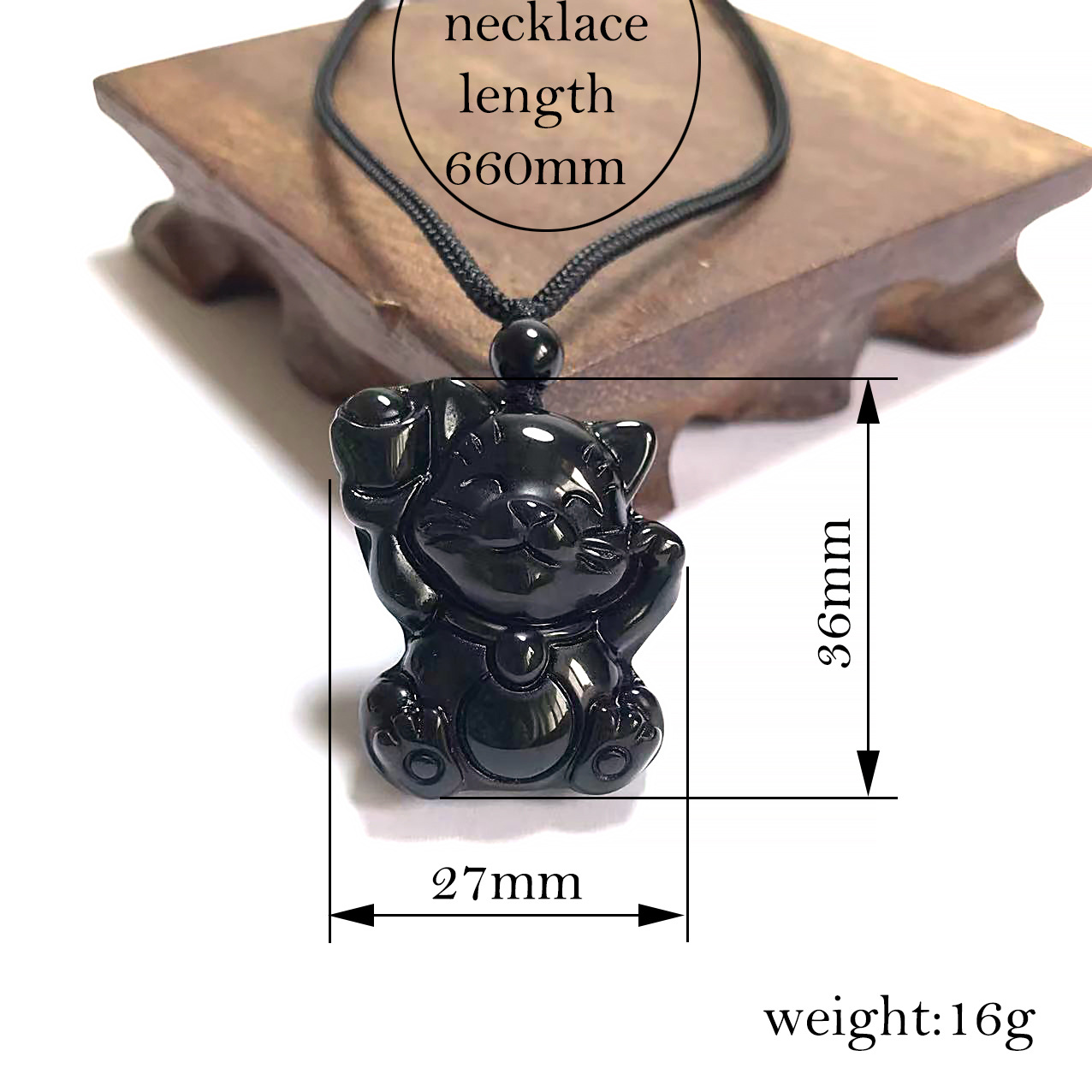 保真黑曜石招财猫项链吊坠彩虹眼黑曜石元宝猫挂件跨境直播外贸