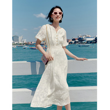 法式优雅气质撞色高级感提花白色连衣裙女2024夏装新款1F4990631